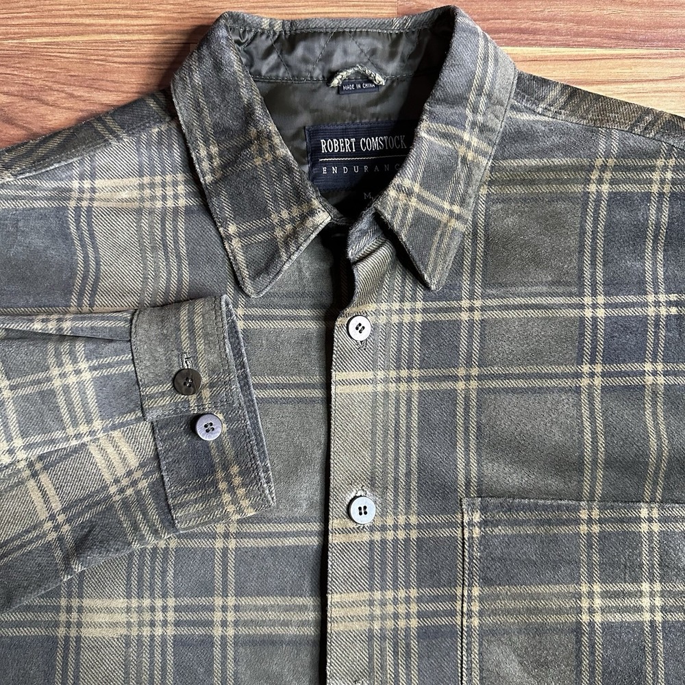 Vintage Robert Comstock Leather Shirt Mens Medium Brown Plaid Flannel Pocket
